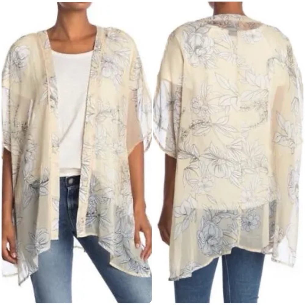 3/$22🩶 Vince Camuto Botanical Floral Sheer Kimono Swim Cover Up Top Shirt O/S